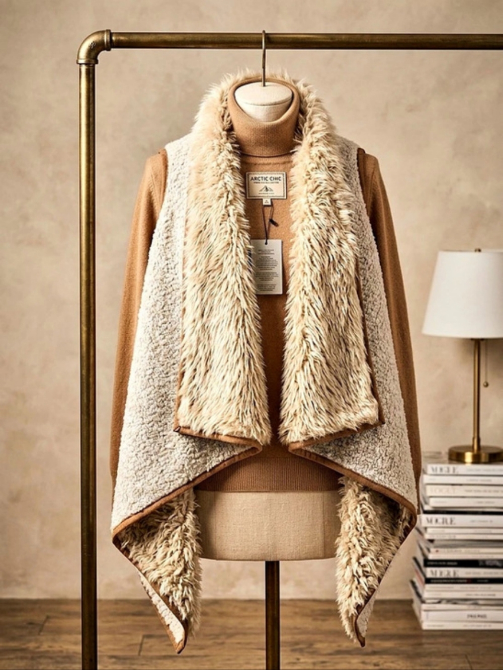 Faux Fur Trim Vest in Brown & Cream Like New